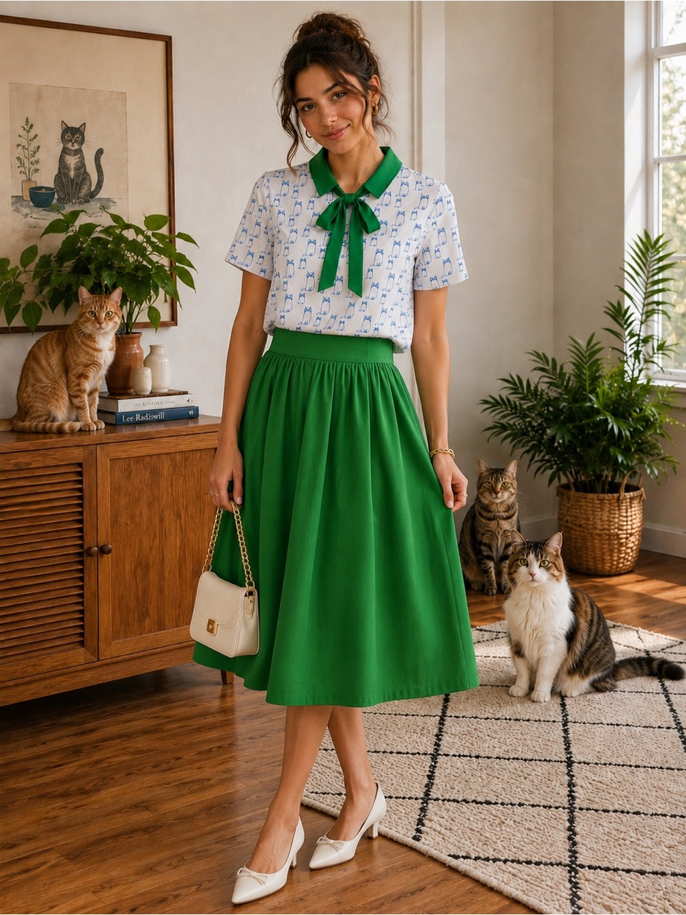 NWT Tulip B Kitty Print Green Collar Tie-Neck Blouse with Short Sleeves Cat